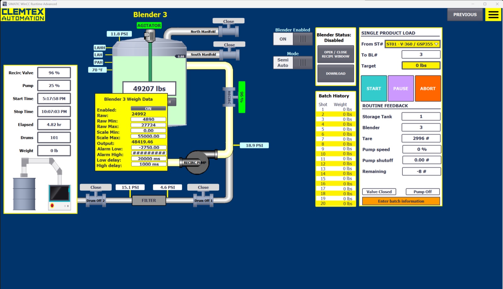 Weigh module faceplate showing raw and scaled weight, scale minimum and maximum, alarm limits and filter delays