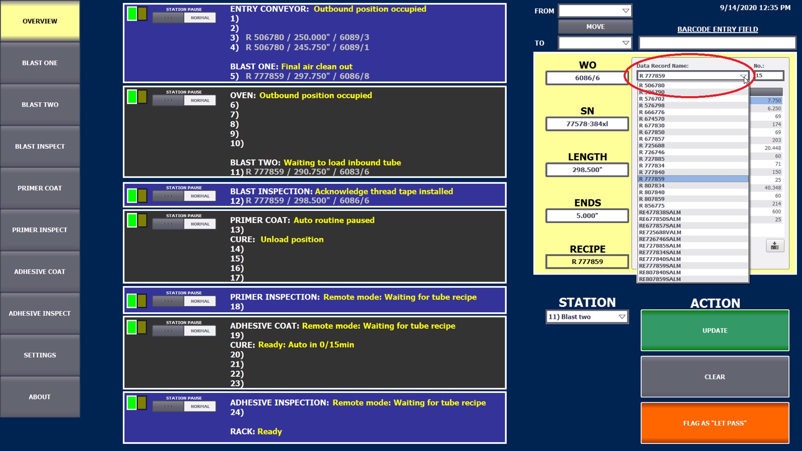 Line overview screen tracking each tube through every station
